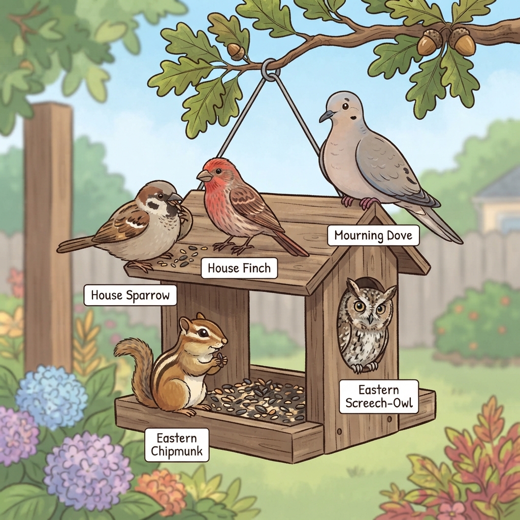 Eastern Chipmunk, Eastern Screech-Owl, House Finch, House Sparrow, Mourning Dove Cartoon illustration of Eastern Chipmunk, Eastern Screech-Owl, House Finch, House Sparrow, Mourning Dove
