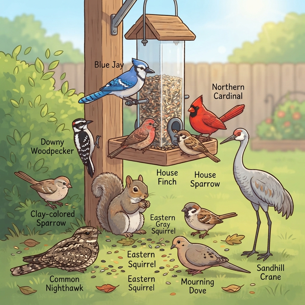 Blue Jay, Clay-colored Sparrow, Common Nighthawk, Downy Woodpecker, Eastern Gray Squirrel, House Finch, House Sparrow, Mourning Dove, Northern Cardinal, Sandhill Crane Cartoon illustration of Blue Jay, Clay-colored Sparrow, Common Nighthawk, Downy Woodpecker, Eastern Gray Squirrel, House Finch, House Sparrow, Mourning Dove, Northern Cardinal, Sandhill Crane